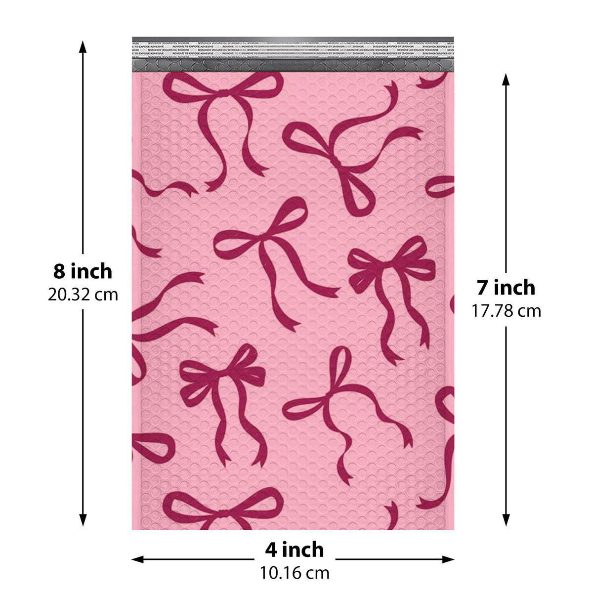 Pink Bow bubble mailer 4x8 #000 — pink padded envelope with burgundy bow print, 500 pack