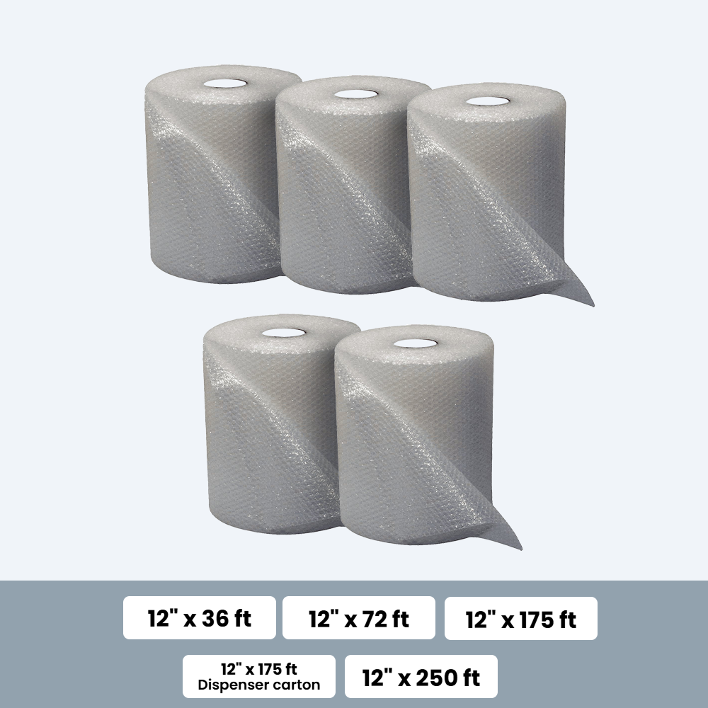 Bubble cushioning roll sizes: 12" x 36 ft, 72 ft, 175 ft, 175 ft dispenser carton and 250 ft