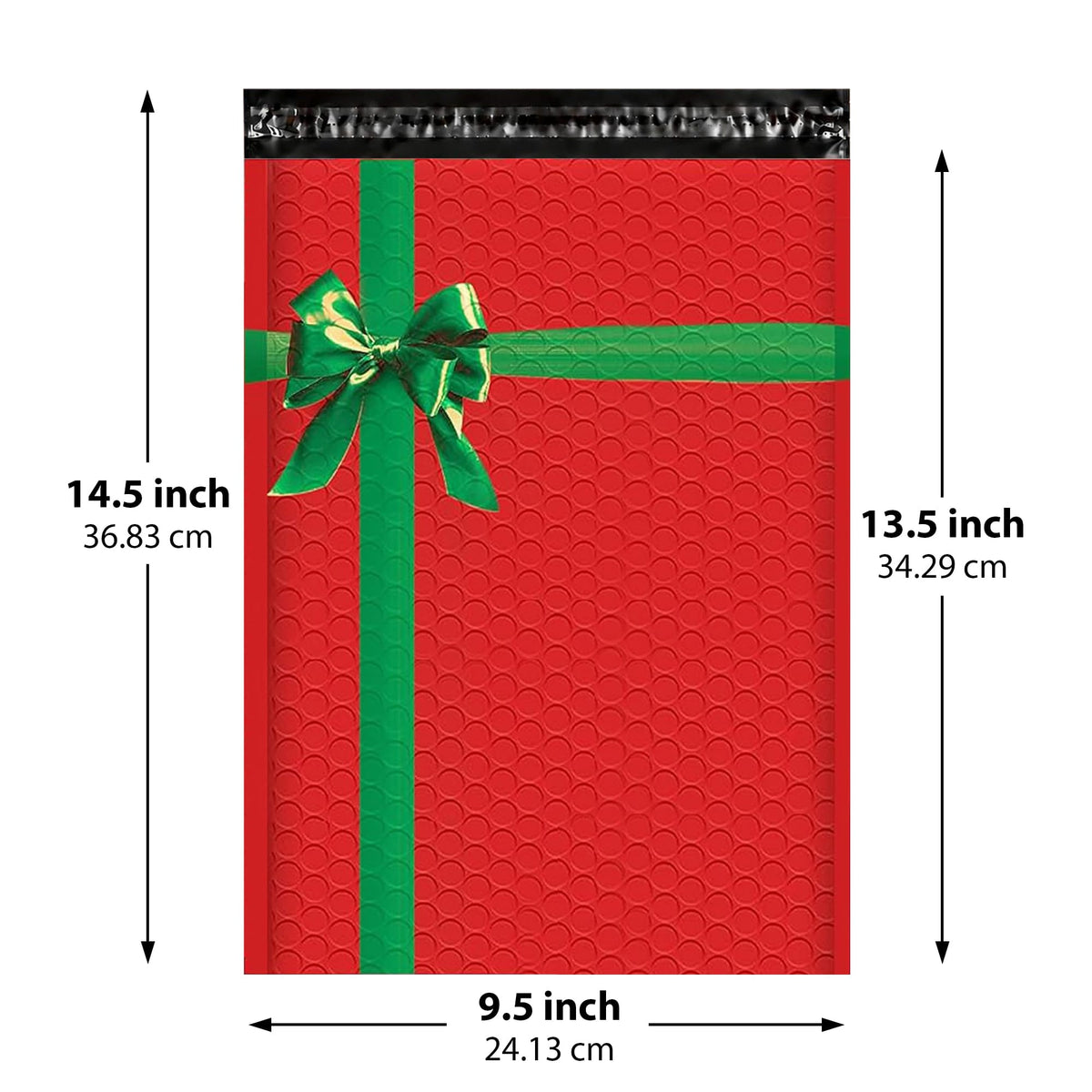 Christmas bubble mailer 9.5x14.5 #4 — red padded envelope with green ribbon and bow print, 100 pack