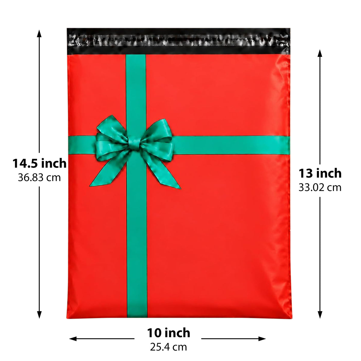 Christmas poly mailer 10x13 — red holiday shipping bag with green ribbon and bow print, 250 or 500 pack