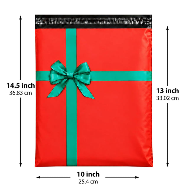 Christmas poly mailer 10x13 — red holiday shipping bag with green ribbon and bow print, 250 or 500 pack