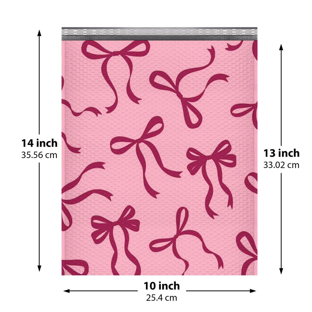 Pink Bow bubble mailer 10x13 — pink padded envelope with burgundy bow print, 100 pack
