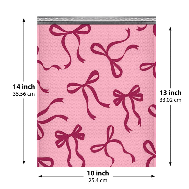 Pink Bow bubble mailer 10x13 — pink padded envelope with burgundy bow print, 100 pack