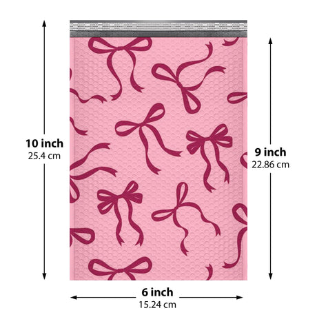Pink Bow bubble mailer 6x10 #0 — pink padded envelope with burgundy bow print, 250 pack