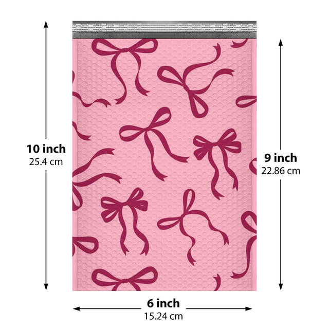 Pink Bow bubble mailer 6x10 #0 — pink padded envelope with burgundy bow print, 250 pack