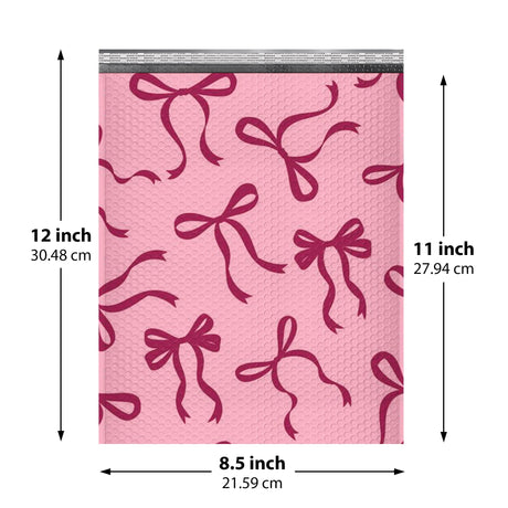 Pink Bow bubble mailer 8.5x12 #2 — pink padded envelope with burgundy bow print, 100 pack